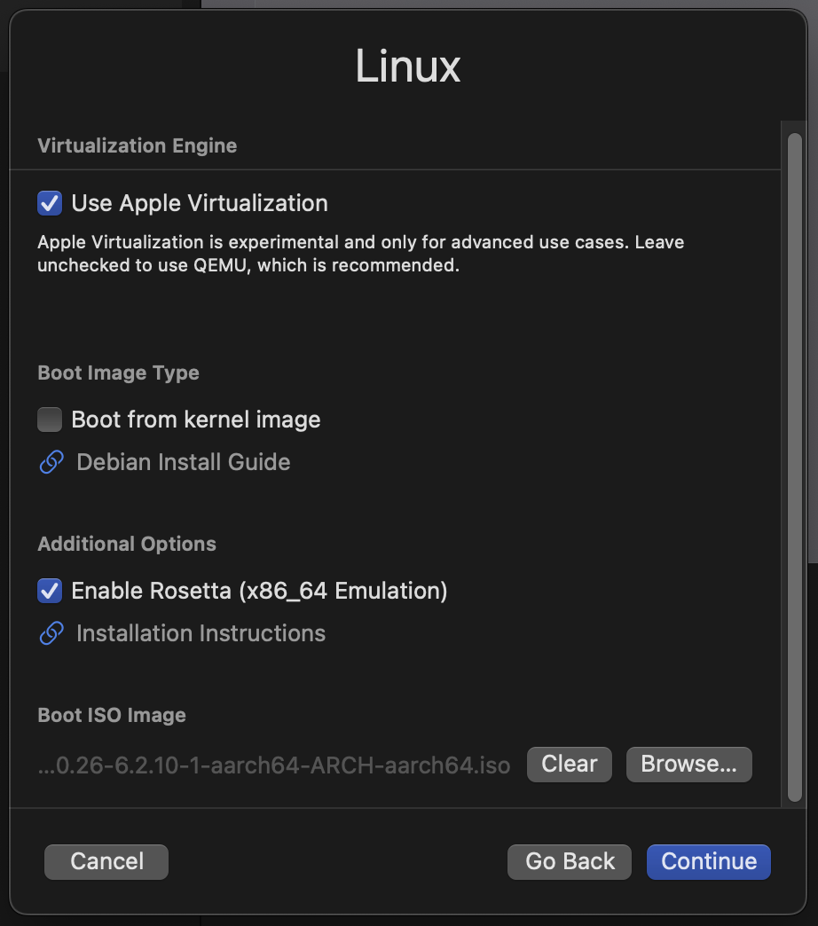 showing checked configuration boxes and ISO image