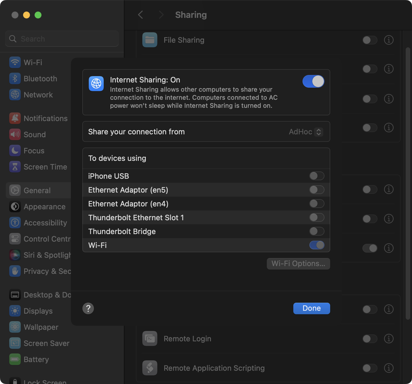 Internet Sharing Settings