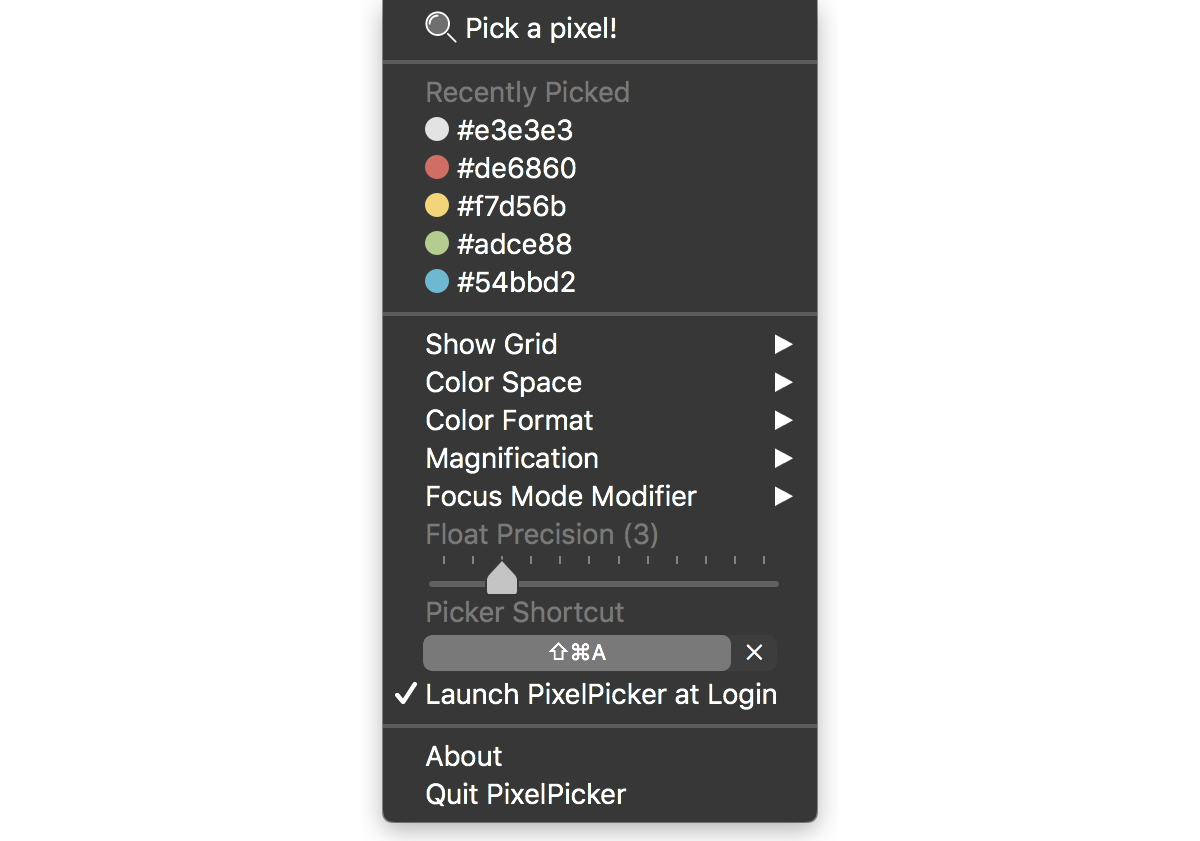 pixel picker's configuration interface - all in the menu item